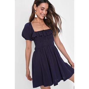 Lulus Daytime Delight Navy Blue Smocked Puff Sleeve Mini Dress - Size S